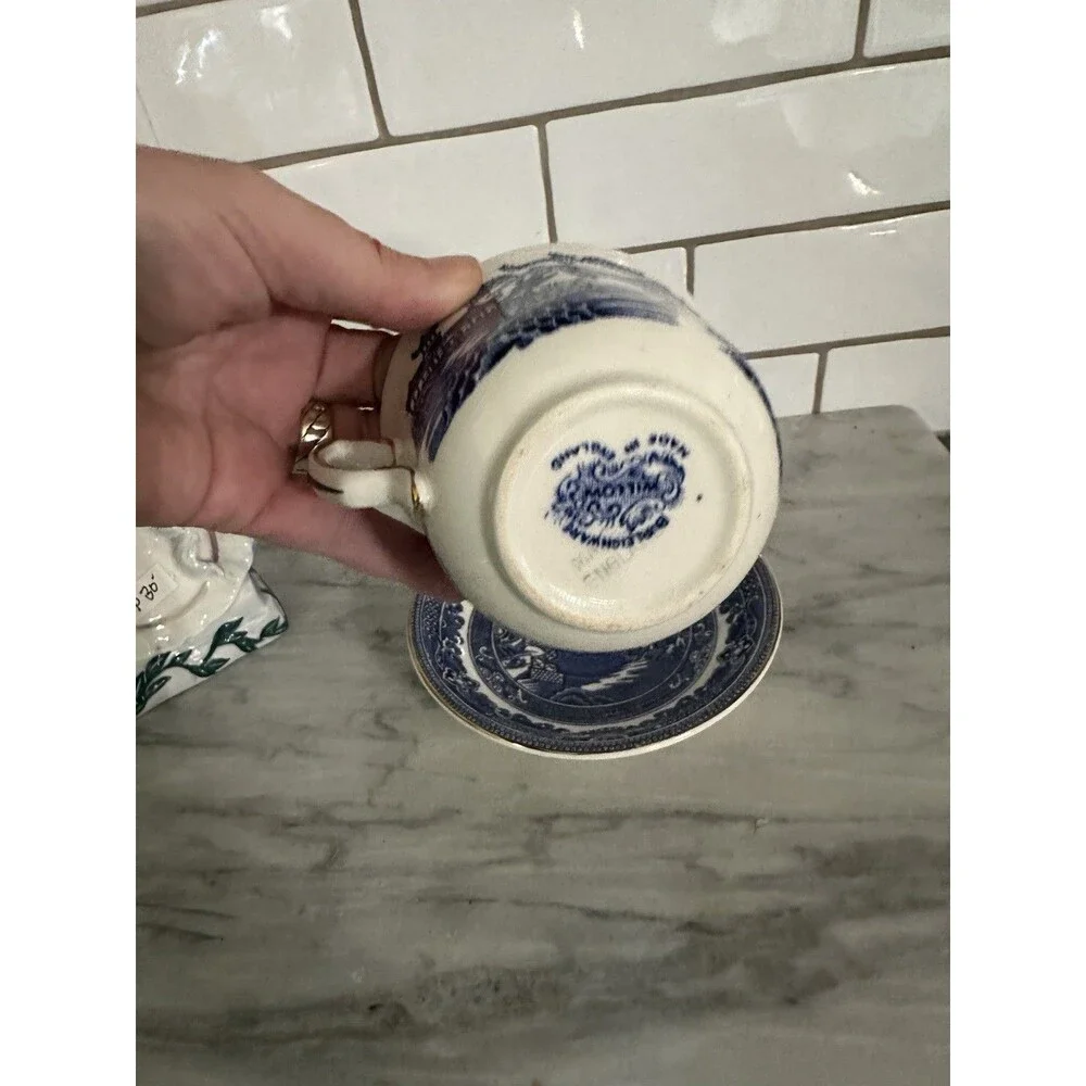 Vintage Burleigh Ware Blue Willow Coffee Tea Cup Saucer Made in England Gilt
